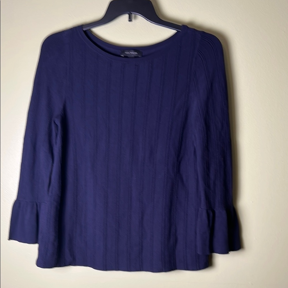 Ann Taylor Blue Ribbed Bell Sleeve Blouse